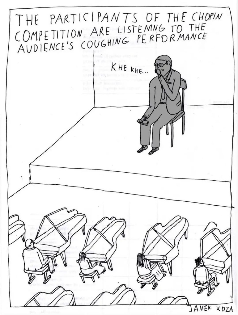Cartoon of Chopin Competition participants listening to audience coughing.