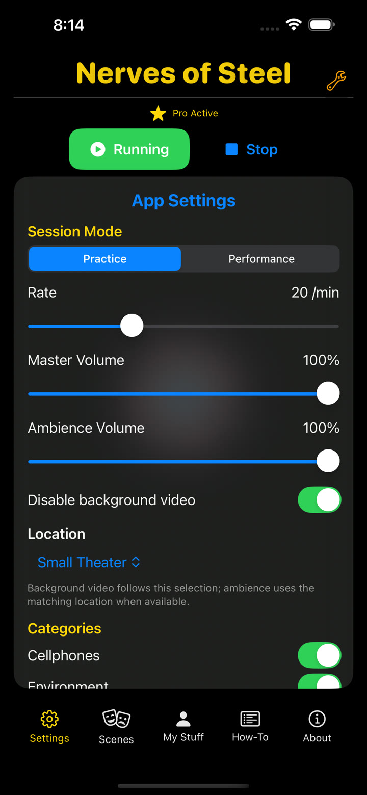 Practice Mode settings with distraction rate, volume, venue, and sound categories