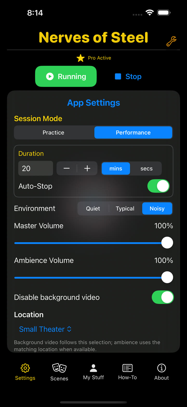Performance Mode settings for session duration, room noise, and virtual venue