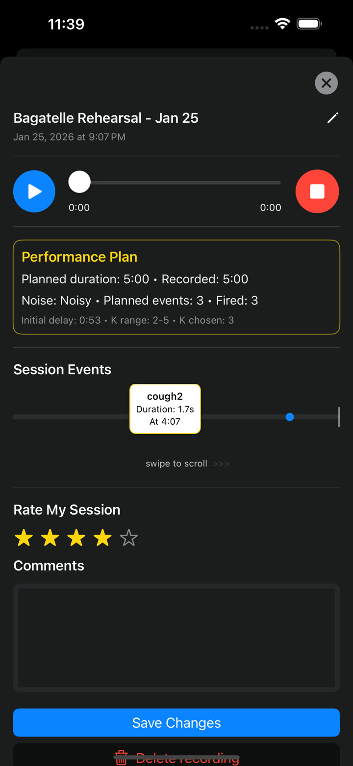 Completed performance session showing planned and fired distractions on a session timeline